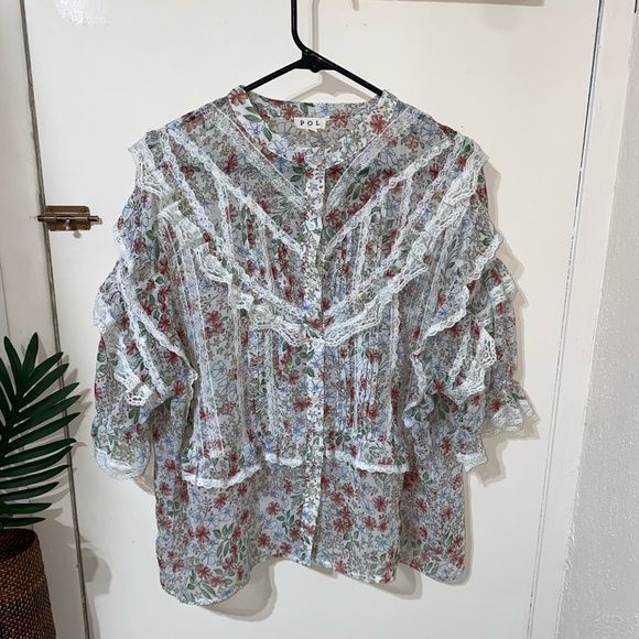POL Floral Print Ruffle Lace Boho Long Sleeve Button Down Blouse size Large - Picture 3 of 8